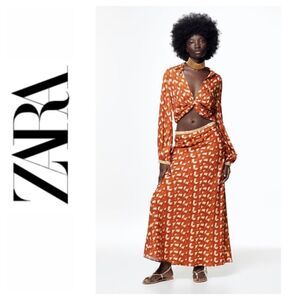 NWT Zara Printed Linen Blend Beaded Waistband High Waisted Maxi Skirt, Size XS